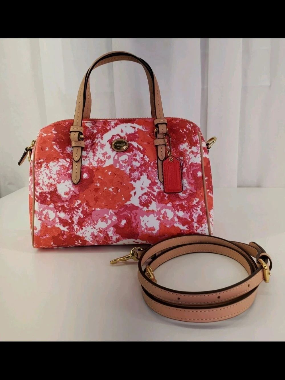 Coach Mini Benton Peyton Satchel/Crossbody in Orange,Red & Pink, Vaccheta Trim